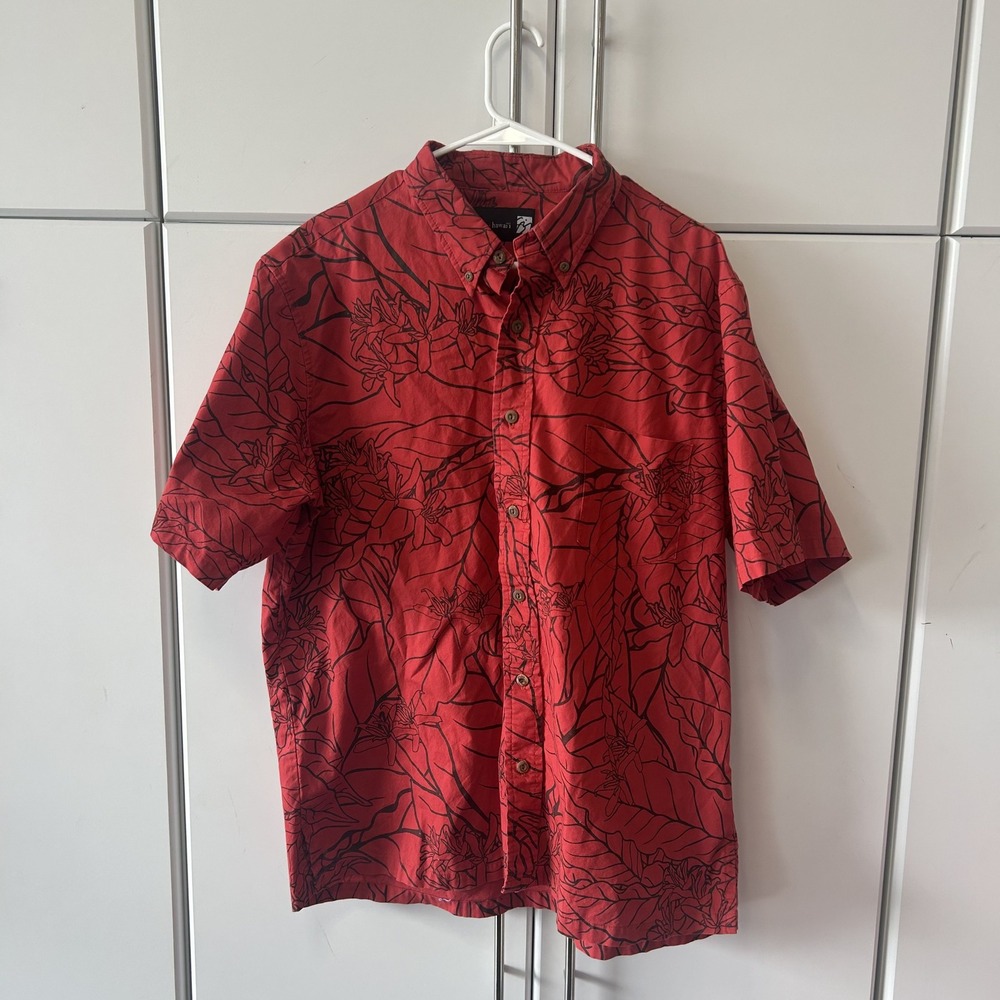 Hilo Hawaii Mens Red Black Floral Short Sleeve Button Down Shirt Large